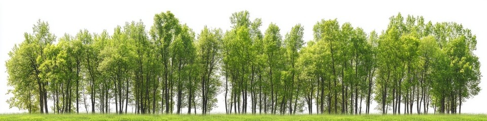Obraz premium A row of trees with green leaves and a grassy field in the background