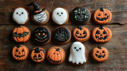 Pumpkin cookies on wooden boards, Halloween concept