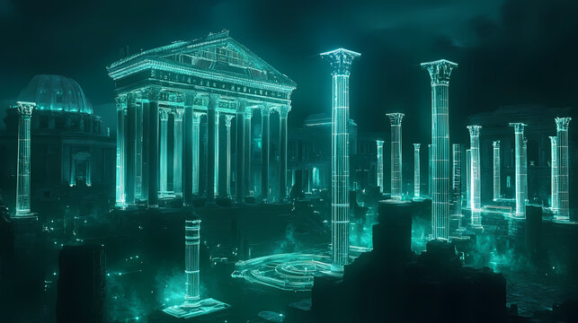 Ancient roman forum reimagined in cyberpunk future holographic ruins neonlit columns floating antigravity platforms blend of classical and futuristic elements. Roman Forum. Illustration