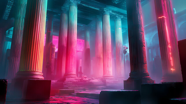 Ancient roman forum reimagined in cyberpunk future holographic ruins neonlit columns floating antigravity platforms blend of classical and futuristic elements. Roman Forum. Illustration