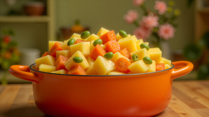 A Vibrant Orange Pan Overflowing with Delicious Home-Cooked Food in a Cozy Kitchen