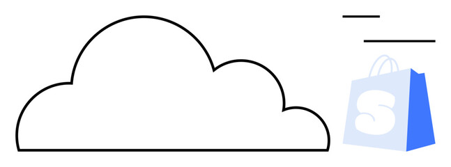 Cloud with black outline on white background with a blue shopping bag and two horizontal text lines seen on the right. Ideal for e-commerce, cloud storage, online shopping, digital themes, technology