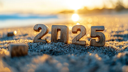 A wooden block on the beach with the words 2025 written on it
