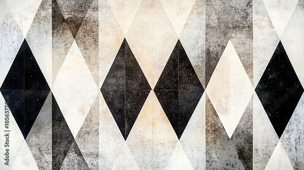 Poster abstract geometric pattern of black and white diamonds with a distressed texture