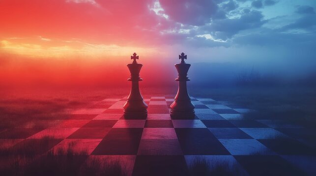 Titans Clash on a Chessboard Under Red and Blue Sky