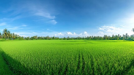 Fototapeta premium A panoramic view of a lush green rice paddy field, with young rice plants swaying gently in the breeze under a clear blue sky