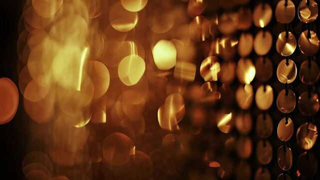 Closeup of blurred shiny sparkling gold sequins. Golden sequined fabric texture. Christmas and New Year celebrating. 80s and 90s party style. Textile with paillettes. Luxury retro festive background