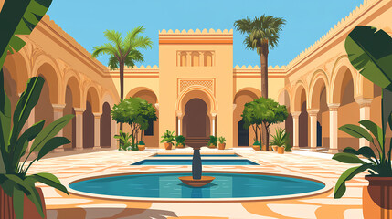 Naklejka premium Architecture ancient spain travel tourism andalusia decoration palace landmark europe moorish arab. Moorish Courtyard. Illustration