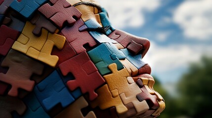 A close-up portrait of a person's face made of colorful jigsaw puzzle pieces against a blue sky.
