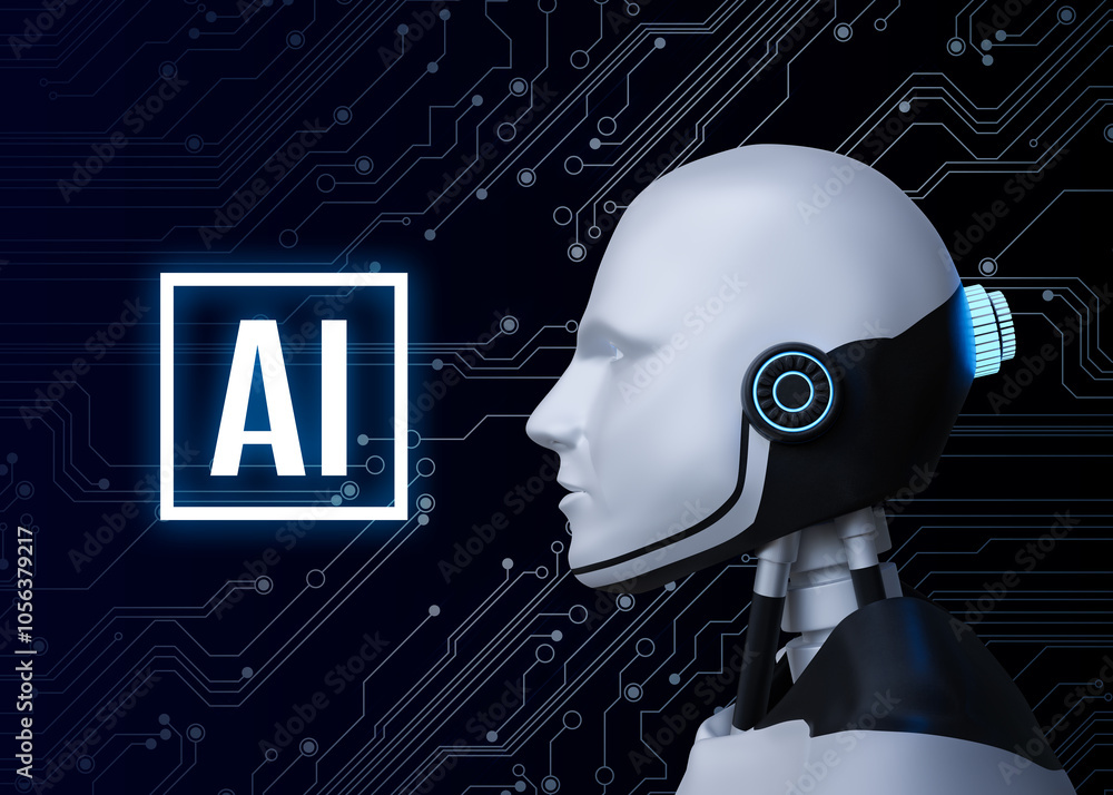 Poster ai abbreviation and robot on dark background with electric circuit board pattern