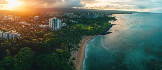 Obraz premium Aerial view of a coastal city at sunset with lush greenery.