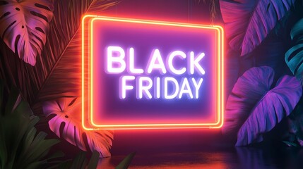 Bright neon sign announcing Black Friday sales in a tropical themed setting with vibrant foliage and colorful lights.