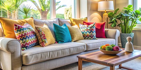 Cozy living room with vibrant decorative pillows on soft sofa, warm natural light