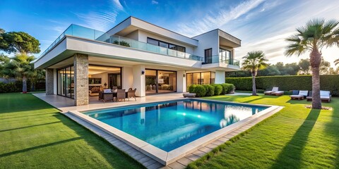 Fototapeta premium Luxurious modern villa with spacious pool and beautifully landscaped green lawn, luxury, villa, modern, pool, lush