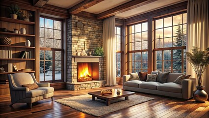 Cozy room with fireplace and large windows , cozy, room, fireplace, large windows, home, interior, warm