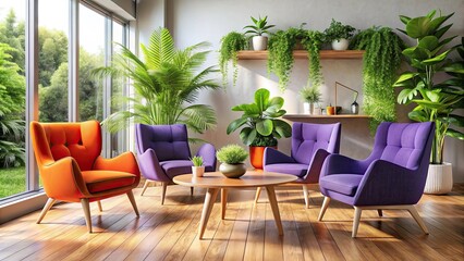 Obraz premium Vibrant modern living room with purple and orange chairs, wooden side table, and lush plants, modern, living room, vibrant