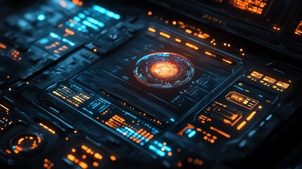 Futuristic technological interface with glowing orange and blue elements.