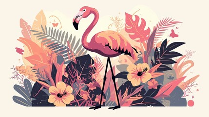 Pink Flamingo Standing Among Tropical Flowers and Foliage