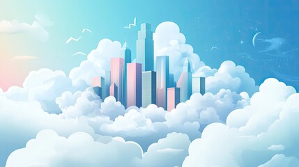 Obraz premium Cityscape Emerging from a Sea of White Fluffy Clouds