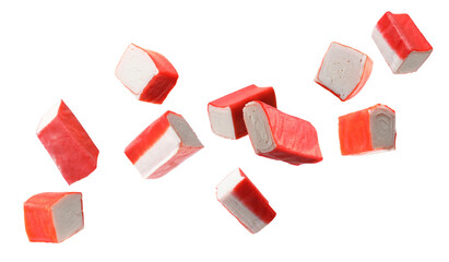 Crab stick pieces in air on white background © New Africa