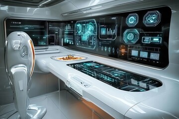 Futuristic spaceship interior with a control panel and a desk with futuristic equipment.
