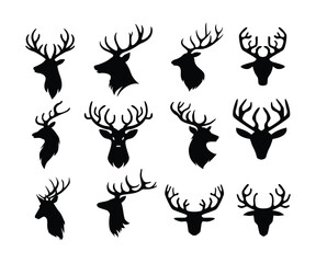 Fototapeta premium Set of elk head silhouette icon set collection, deer head silhouette symbol sign, Horned elk or stag icon, isolated on white background, vector illustration. abstract animal logo, fauna wildlife.
