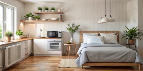 Cozy bedroom with bed, microwave and oven, bedroom, cozy, interior, decor, furniture, home, comfortable, microwave