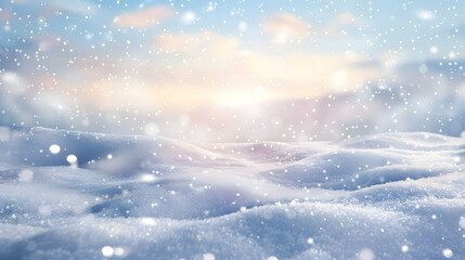 Snow-covered landscape with falling snowflakes under a cloudy sky. Winter season background. Concept of cold weather and snowfall
