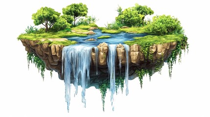 A Lush, Floating Island with a Waterfall and a Small Stream