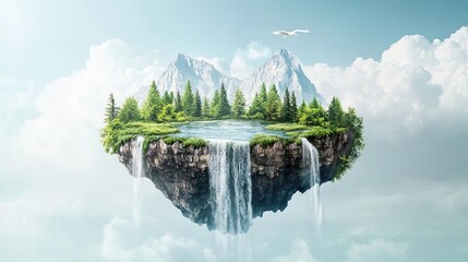 A Floating Island with a Waterfall and a Bird Flying Over a Forest