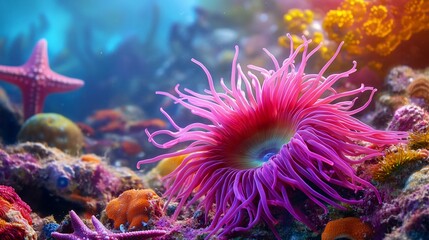Obraz premium A vibrant sea anemone with long tentacles, a starfish, and colorful coral in a tropical reef.