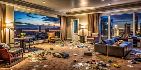 Wide cinematic shot of a trashed modern Vegas hotel suite after a party, luxury, hotel, suite, living room, modern