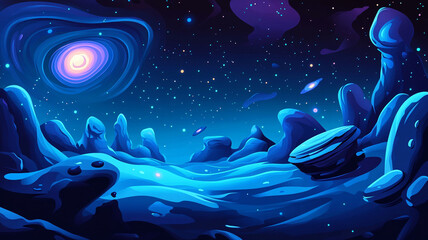 Naklejka premium A vibrant cosmic landscape filled with swirling galaxies and rocky formations under a starlit sky