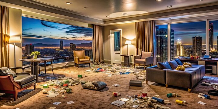Wide cinematic shot of a trashed modern Vegas hotel suite after a party, luxury, hotel, suite, living room, modern