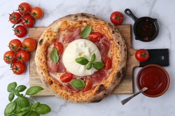 Delicious pizza with burrata cheese on white marble table, top view