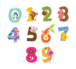 Set of zoo number collection. Animal number. Number from 0 to 9. Cartoon cute animals, set of cartoon animal numbers for children kindergarten lesson, math learning kid, vector illustration. 