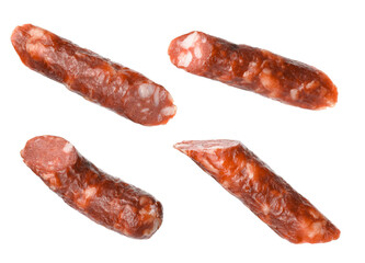 Dry smoked sausage pieces isolated on white, collage