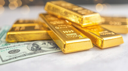 Gold bars stacked on surface with dollar bills, symbolizing wealth and prosperity