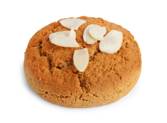 One tasty cookie with almond flakes isolated on white