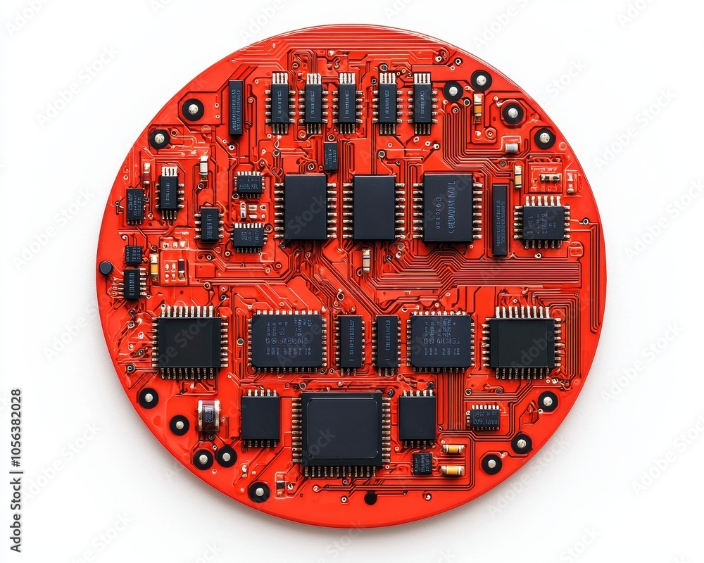 Poster a red circular printed circuit board (pcb) featuring various black electronic components and intrica