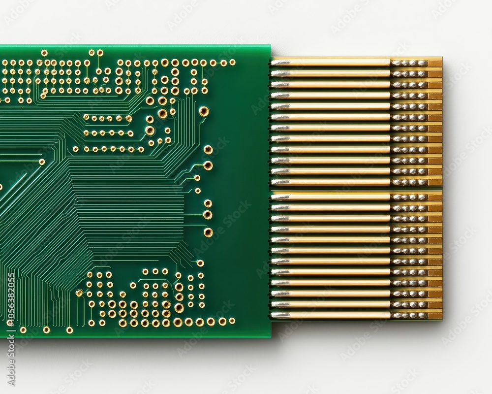 Poster a close-up of a green circuit board with intricate patterns and gold-plated pins for electronic conn