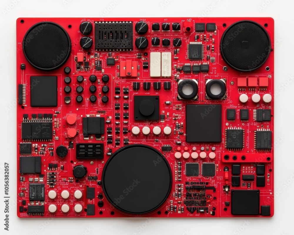 Poster a vibrant red circuit board filled with various electronic components, showcasing intricate designs 