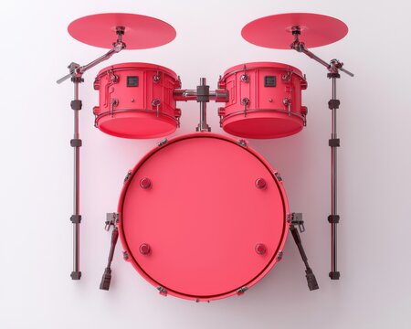 A bright pink drum kit featuring two toms and a bass drum, set against a clean background, showcasing its vibrant color and design.