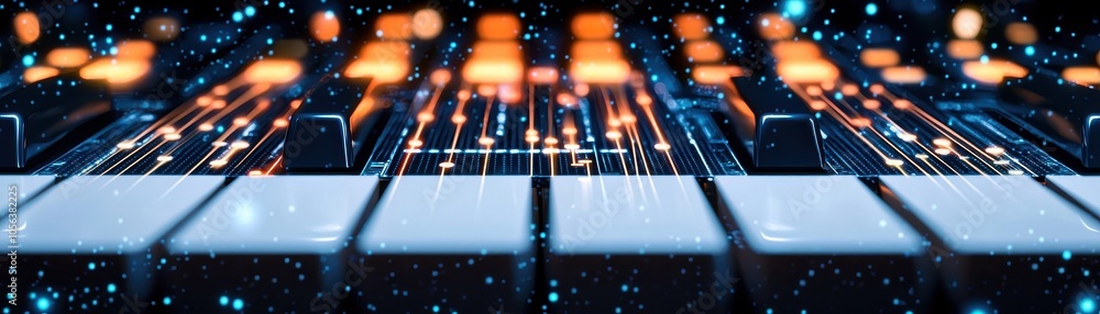 Poster a close-up view of a piano keyboard, with illuminated keys and a cosmic background, creating a vibra