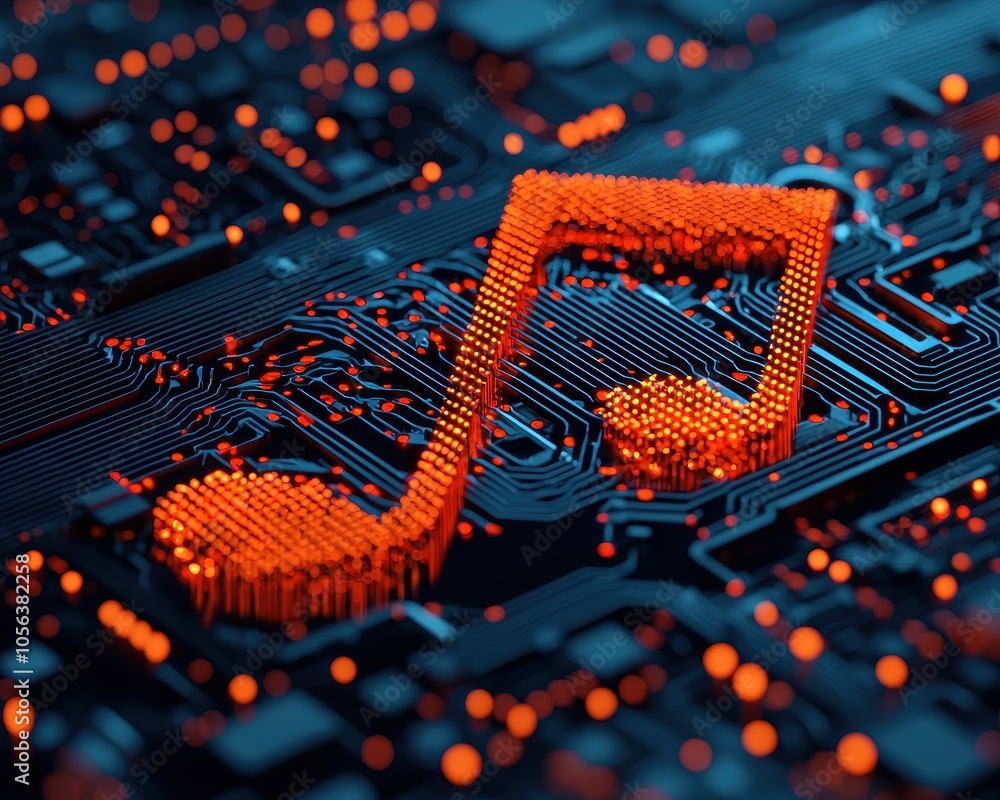 Poster a vibrant digital representation of a musical note on a circuit board, blending technology and music