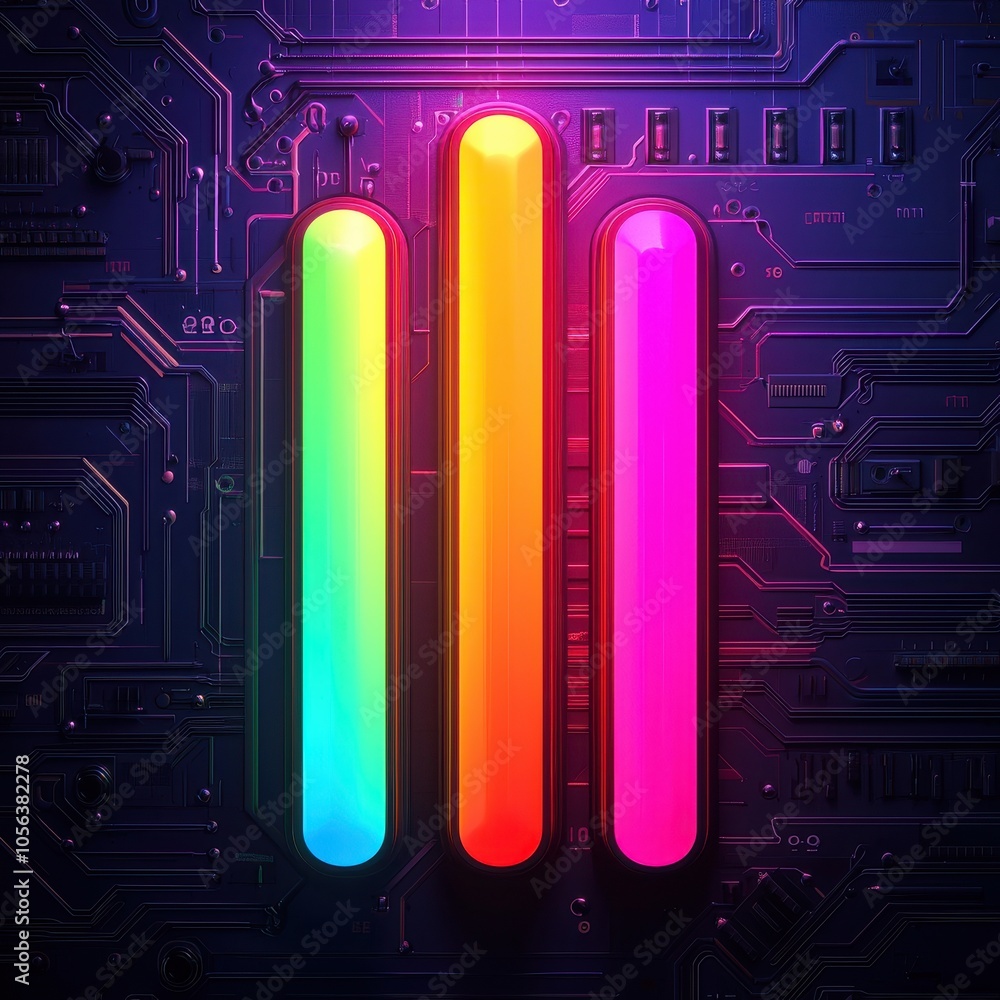 Poster a vibrant display featuring colorful vertical bars on a dark circuit board background, representing 