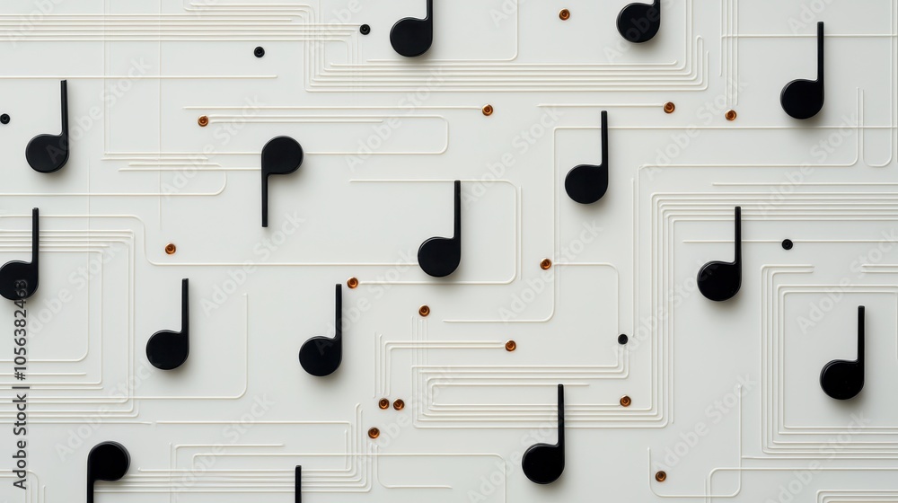 Poster a modern design featuring musical notes intertwined with a circuit-like pattern, symbolizing the ble