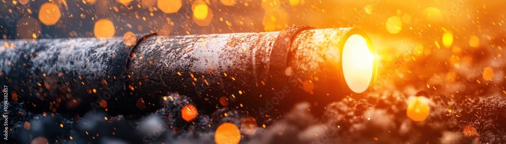 Poster a close-up view of a metallic pipe glowing with light, surrounded by a bokeh effect, evoking an indu