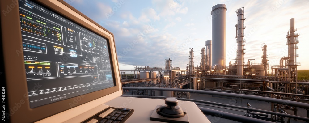 Poster a computer monitor displays control systems, overlooking a refinery with tall structures, representi