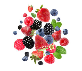 Mix of fresh berries in air on white background